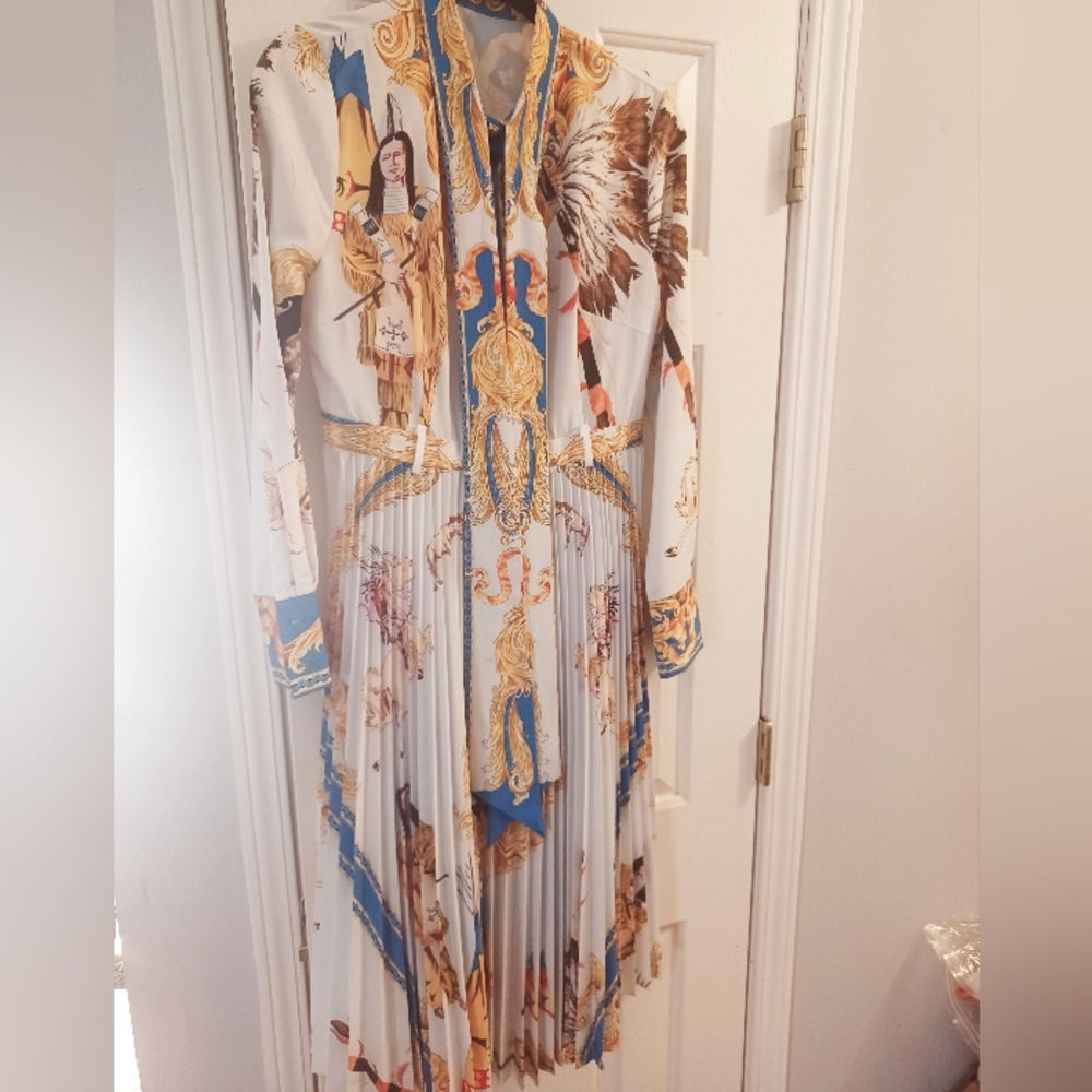 White Multi-Print Pleated Long Sleeve Midi Dress